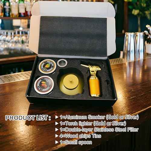 Silver Cocktail Smoker Kit with Torch Metal Bourbon Whiskey Smoker Kits Metal Old Fashioned Drink 4 Wood Chips Valentines Anniversary Birthday Gifts for Men (7 Count)