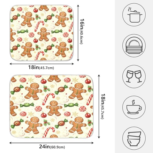 Christmas Gingerbread Cookie Man Sugar Dish Drying Mat for Kitchen Counter Absorbent Microfiber Large Drying Pad Dish Mats for Kitchen Countertops 18 x 24 Inch