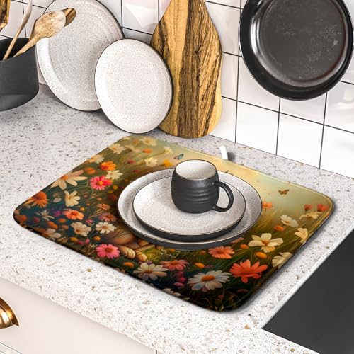 Easter Bunny Dish Drying Mat Flower Butterfly Kitchen Drainer Mat 16x18 inch Absorbent Reversible Dish Rack Pad for Counter Tabletop Decor