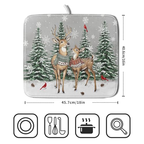 Winter Deer Dish Drying Mat Pine Tree Absorbent Dish Dry Pad Seasonal Microfiber Dish Drainer Mats for Kitchen Counter Coffee Bar 16x18 in