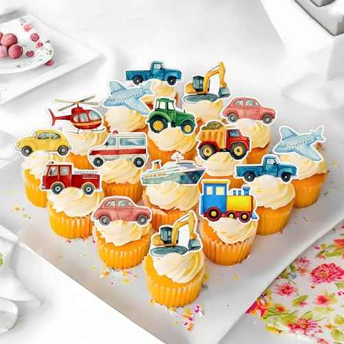 48Pcs Edible Transportation Cupcake Toppers Edible Cute Airplane Train Vehicle Boat Tractor Cupcake Picks for Transportation Theme Baby Shower Kids Birthday Party Decorations (48 Count)