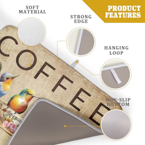 Retro Birds Dish Drying Mat Cups Coffee Mat for Counter Home Coffee Bar Decor Large