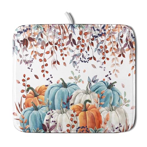 Fall Orange Pumpkin Dish Drying Mat Eucalyptus Leaves Drainer Rack Pad 16"x18" Microfiber Quick Dry Dish Sink Mat for Kitchen Counter Decor