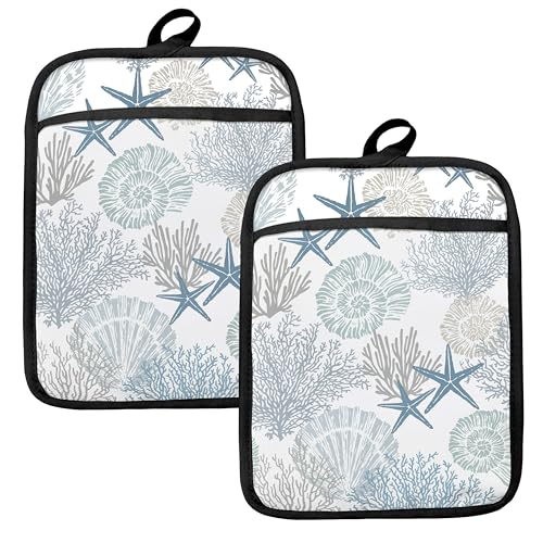 Coastal Beach Seashell Coral Starfish Oven Mitts Set