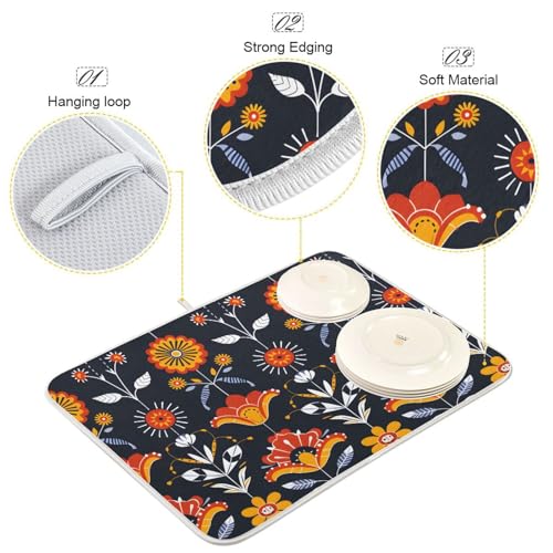 Floral Traditional Folk Art Dish Drying Mat for Kitchen Counter Absorbent Microfiber Drying Pad