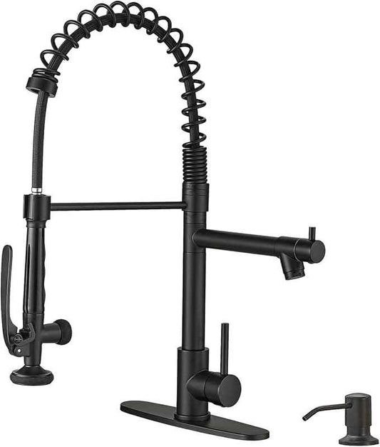 Fapully Commercial Pull Down Kitchen Sink Faucet with Sprayer Matte Black Single Handle Faucets for Kitchen Sink, Kitchen Faucet with Soap Dispenser and Deck Plack for 4 Hole
