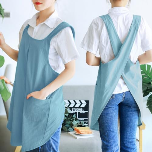 Japanese Cotton Cross Back Kitchen Cooking Aprons for Women with Pockets Cute for Baking Painting Gardening Cleaning Sky Blue