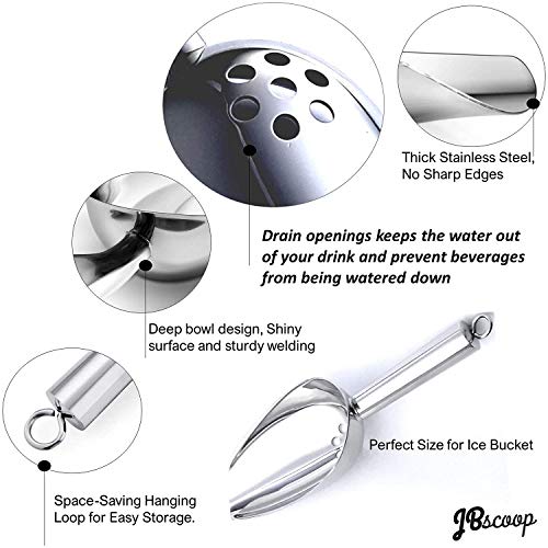Ice Scoop with Holes. Stainless Steel Ice Scoop with Drain Holes to Reduce Unwanted Dilution. Heavy Duty and Dishwasher Safe. Six Ounce Capacity