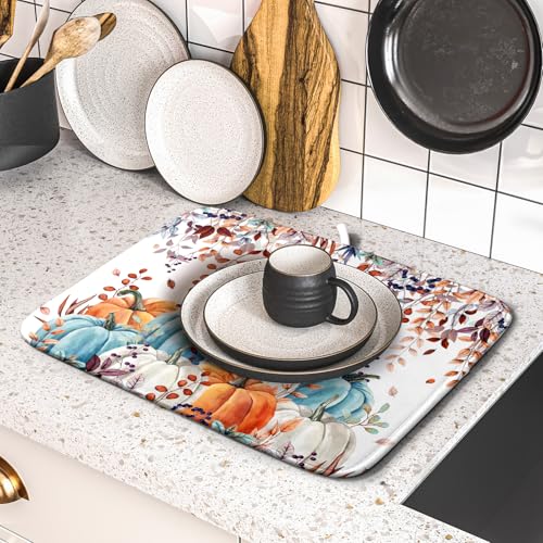 Fall Orange Pumpkin Dish Drying Mat Eucalyptus Leaves Drainer Rack Pad 16"x18" Microfiber Quick Dry Dish Sink Mat for Kitchen Counter Decor
