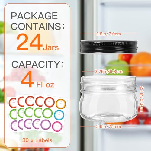 4oz 24 Pack Mini Mason Jars with Black Lids (24 Count)