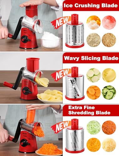 Rotary Cheese Grater Vegetable Shredder With 6 Interchangeable Blades No Slip Suction Base