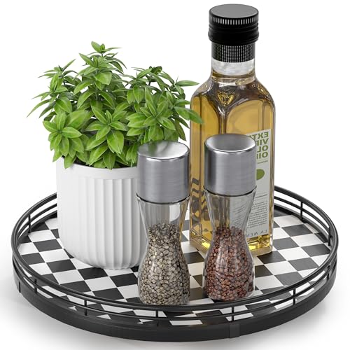 10 Inch Black and White Checkerboard Lazy Susan with Oak Base