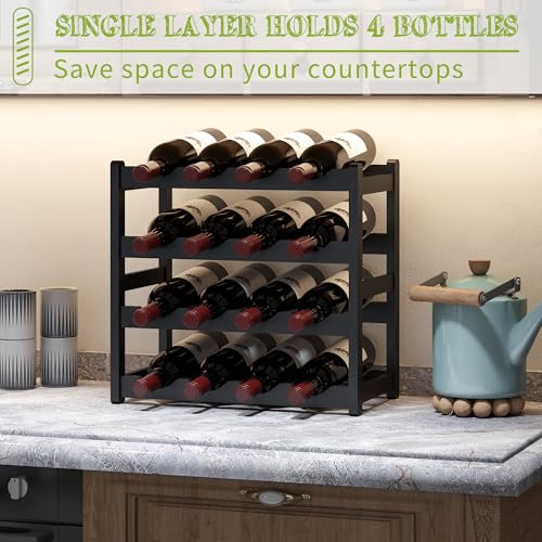 Bamboo Wine Rack Wine Storage Cabinet Shelf 16 Bottle Wine Racks Countertop Sturdy for Kitchen Dining Room Pantry