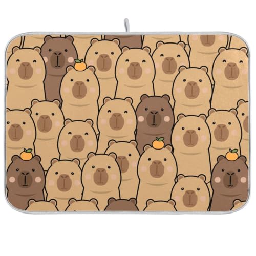 Cute Capybara Orange Dish Drying Mat for Kitchen Counter Absorbent Microfiber Drying Pad