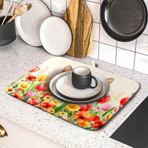 Easter Bunny Dish Drying Mat 16x18 inch Spring Floral Drying Pad Holiday Absorbent Microfiber Dishes Drainer Protector for Kitchen Counter