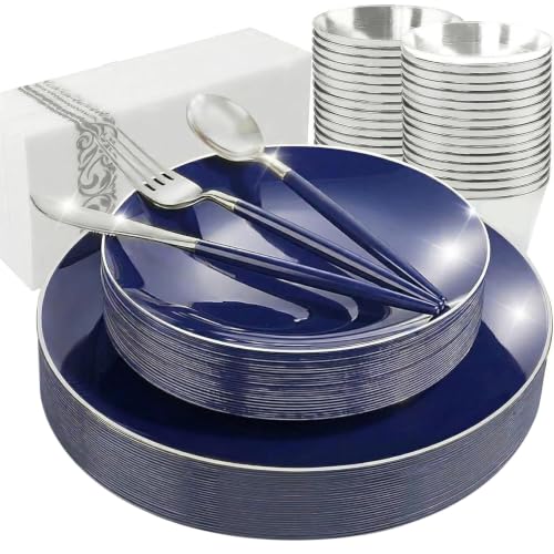 175Pcs Blue Plastic Plates with Silver Rim & Disposable Silverware with Blue Handle & Silver