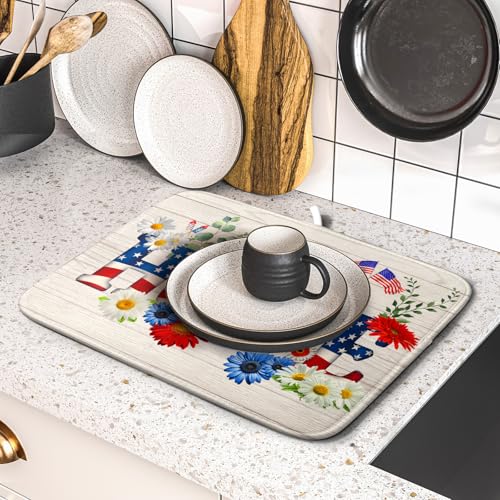 American Flag Dish Drying Mat Home Flowers Absorbent Dishes Pad for Kitchen Counter 16 X 18 In