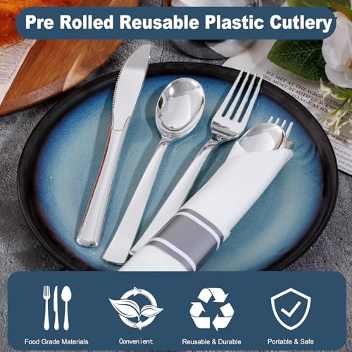 400PCS Pre Rolled Silver Plastic Silverware Heavy Duty for Wedding (400 Count)