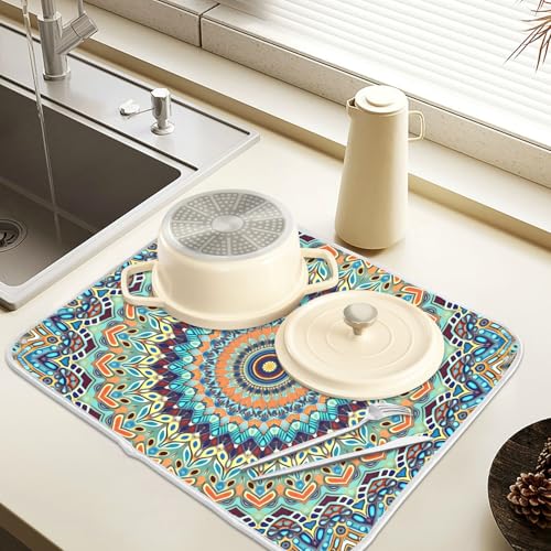 Bohemian Mandala Dish Drying Mat for Kitchen Counter Absorbent Microfiber Small Boho Ethnic Drying Pad Dish Mats for Kitchen Countertops 16 x 18 Inch