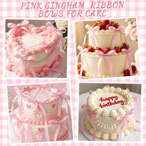 30 Pack Bow Cake Toppers Pink Gingham Ribbon Bows for Cake (30 Count)
