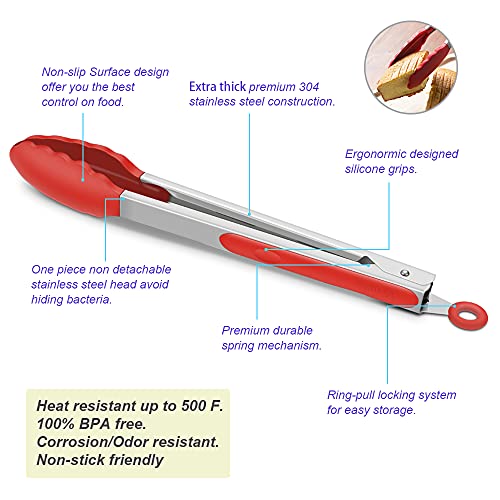 4 Pack Red Silicone Kitchen Tongs Set