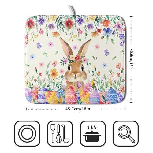 Easter Rabbit Dish Drying Mat Spring Flower Dish Drainer Rack Mats 16x18 inch Absorbent Microfiber Fast Dry Pad Kitchen Counter Accessories