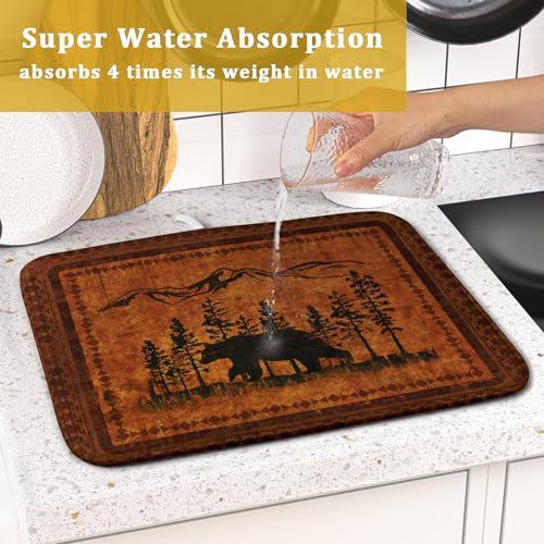 Forest Bear Dish Drying Mat 16x18 Inch Rustic Cabin Washable Microfiber Absorbent Dishes Drainer Rack Pad for Kitchen Counter Home Decor