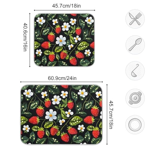 Strawberries White Flowers Dish Drying Mat for Kitchen Counter Absorbent Microfiber Drying Pad