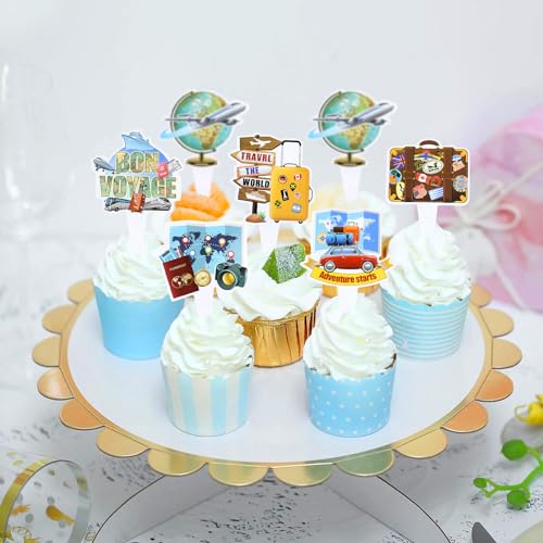 36PCS Double sided Adventure Travel Cupcake Toppers Airplane Globe Map Suitcase Bon Voyage Cupcake Picks for Adventure Travel Baby Shower Boys Girls Birthday Wedding Party Decoration (36 Count)