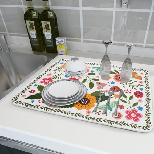 Colorful Boho Floral Dish Drying Mat 18x24 Inch Dishes Dry Pad Drainer Rack Mats Absorbent Hanging Loop Kitchen Counter Bar Accessories