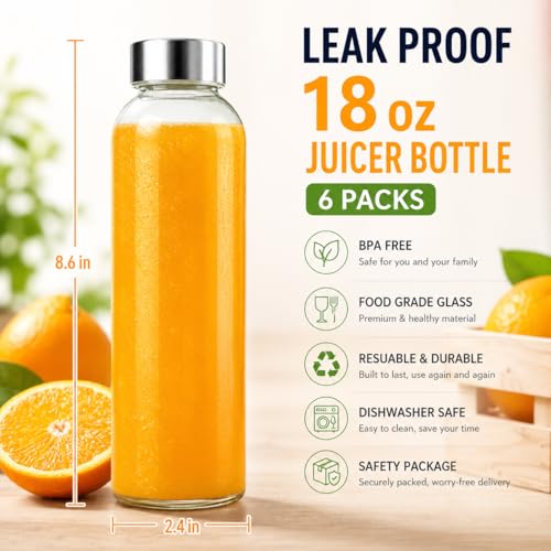 18 oz Clear Glass Juice Bottles with Stainless Steel Lids Leak Proof (6 Count)