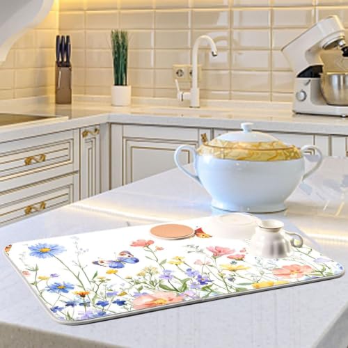 Wildflowers Butterfly Dish Drying Mat for Kitchen Counter Absorbent Microfiber Drying Pad
