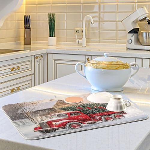 Red Christmas Truck Dish Drying Mat for Kitchen Counter Absorbent Microfiber Drying Pad