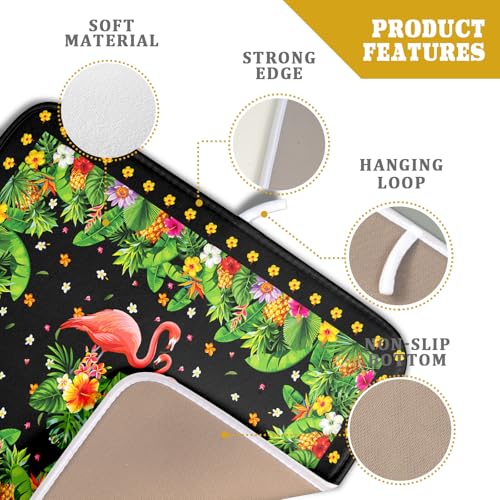 Tropical Flamingo Dish Drying Mat Palm Leaves Absorbent Dishes Drainer Pad Microfiber Dish Rack Mat for Kitchen Countertop Decor 16x18 Inch