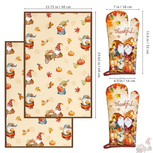 Thanksgiving Gnome Kitchen Towels and Oven Mitts Set (4 Count)