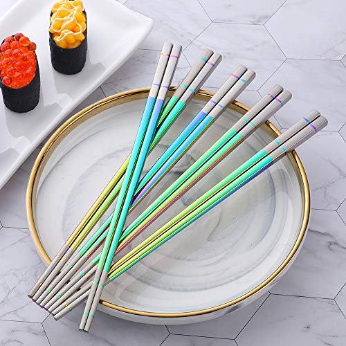 5 Pair Stainless Steel Metal Reusable Rainbow Chinese Square Chopsticks (5 Count)