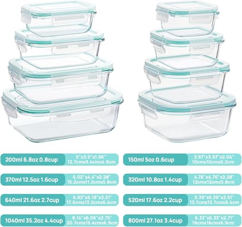 8 Pack Glass Food Storage Containers with Airtight Lids (8 Count)