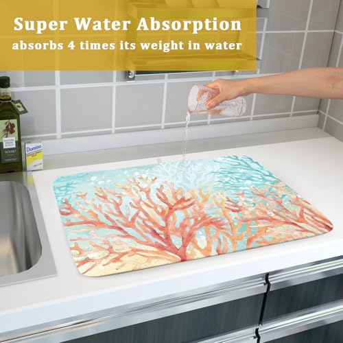 Coastal Coral Dish Drying Mat Beach Ocean Drainer Rack Mat 18x24 Inch Microfiber Absorbent Reversible Dish Dry Pad for Kitchen Counter Sink