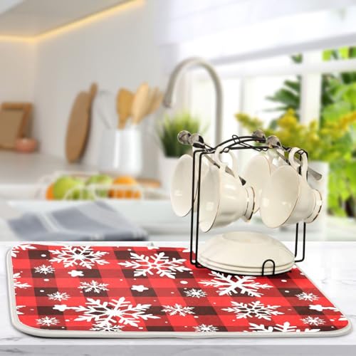 Snowflakes Christmas Tartan Plaid Dish Drying Mat for Kitchen Counter Absorbent Microfiber Drying Pad