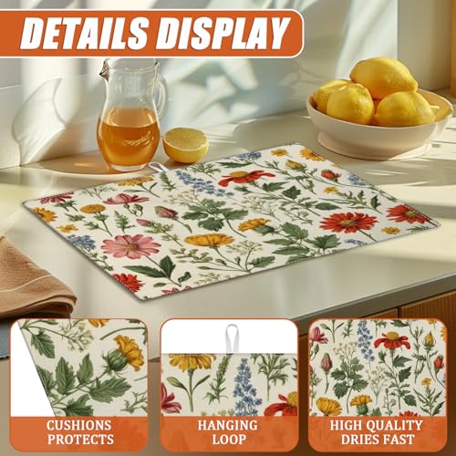 Spring Wild Flower Dish Drying Mat for Kitchen Counter Microfiber Absorbent Dish Kitchen Drying Mat Draining Reusable Washable for Dishes