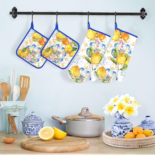 Summer Lemon Oven Mitts and Pot Holders Set (4 Count)