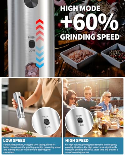 Electric Salt and Pepper Grinder Set with Rechargeable Base Upgraded Stainless Steel Automatic Salt and Pepper Shakers with 2 Grinding Speeds (2 Count)