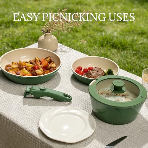 Ceramic Cookware Set Non Stick 8Pcs Pots and Pans Set Detachable Handle Induction Kitchen Cooking Set with Frying Pans Oven Dishwasher Safe