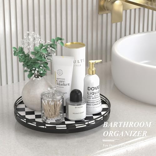 12 Inch Black and White Checkerboard Lazy Susan with Oak Wood Base