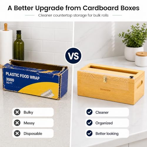 12 Inch Bamboo Plastic Wrap Dispenser with Cutter for Large Roll