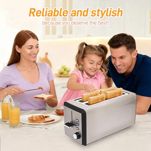 4 Slice Long Slot Stainless Steel Toaster with Extra Wide 1.5” Slots