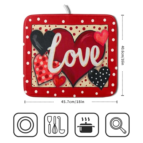 Love Heart Dish Drying Mat 16"x18" Red Dots Microfiber Dish Rack Mat Holiday Absorbent Fast Dry Draining Pad for Kitchen Counter Bar Sinks
