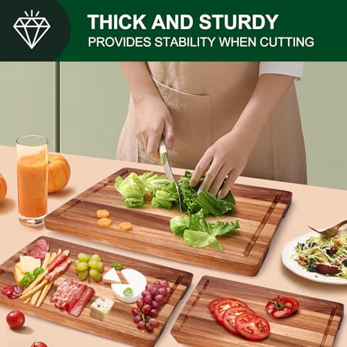Extra Large Acacia Wood Cutting Board Set of 3 Wooden Chopping Board With Holder Fruit Cutting Boards Charcuterie Boards for Kitchen Bread Cheese Serving Board Meat Cutting Board Carving Board (3 Count)