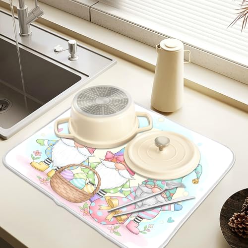 Colorful Easter Cute Gnomes Dish Drying Mat for Kitchen Counter Absorbent Microfiber Large Drying Pad Dish Mats for Kitchen Countertops 18 x 24 Inch