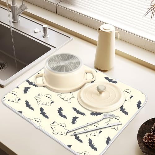Halloween Spooky Ghost Bats Dish Drying Mat for Kitchen Counter Absorbent Microfiber Small Drying Pad Dish mats for Kitchen Countertops 16 x 18 Inch